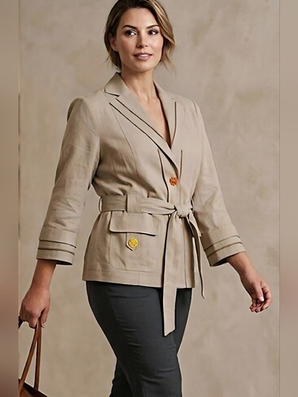 Vintage Linen/Cotton Belted Bell-sleeve Jacket / Sz 12 / Light Olive-Khaki color
